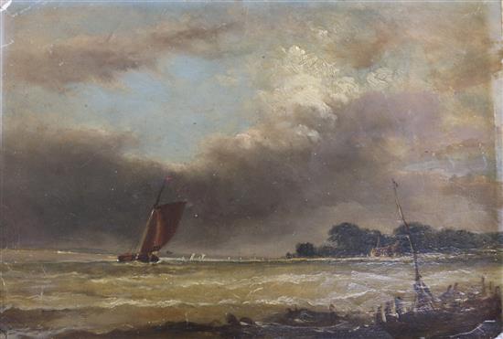 Francis Oswald, oil on mill board, Sketch on The Thames, artists label verso, 18 x 26cm, unframed